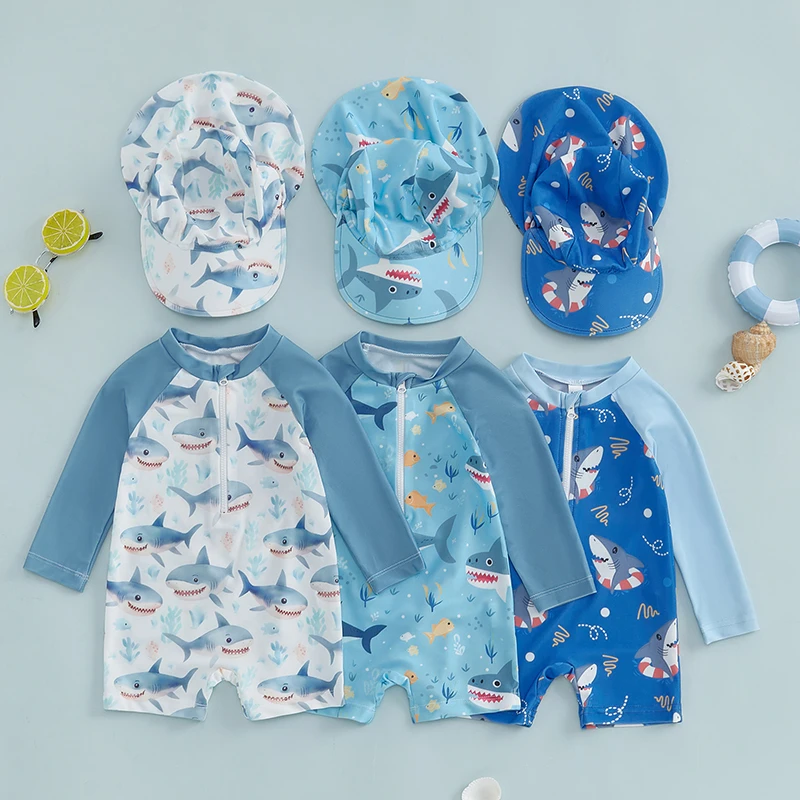 Tregren Toddler Boy Long Sleeve Swimsuit Cartoon Shark Print Half Zipper Rash Guard Swimwear with Sunhat Kids Beach Bathing Suit