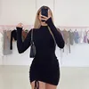 Elegant Lace Up Dress Solid Pleated Slim Fit Party Bodycon