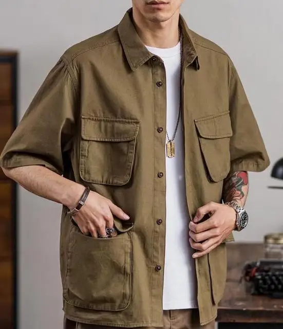 5/4 Sleeve Work Shirt American-Style Elastic Cargo Short-Sleeved 
