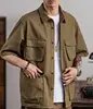 5/4 Sleeve Work Shirt American-Style Elastic Cargo Short-Sleeved Retro Outdoor Multi-Pocket Shirt Four Pocket Shirts Asia Size 6