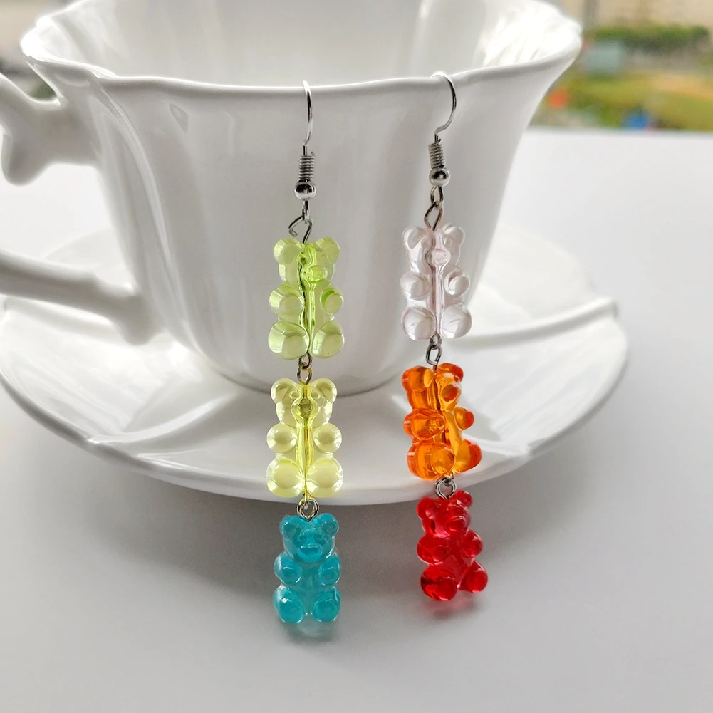 New Fashion Colorful Gummy Bear Long Drop Earrings For Women Girls Cute Cartoon Bear Link Dangle Earrings Statement Jewelry Gift