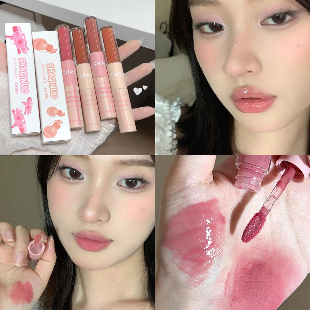 Double Head Mirror Water Lip Gloss 4 Colori Lasting Lip Mud Lip Glaze Waterproof Nude Pink Liquid Lipstick Tint Makeup Cosmetics