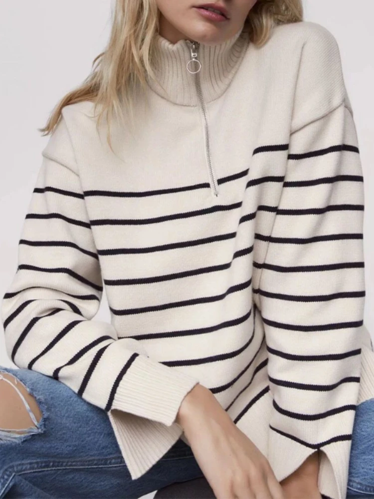 

Bornladies Knitted Stripe Sweater Women 2023 Autumn Winter Loose Half Height Collar Pullovers Female Warm Zipper High Neck Tops