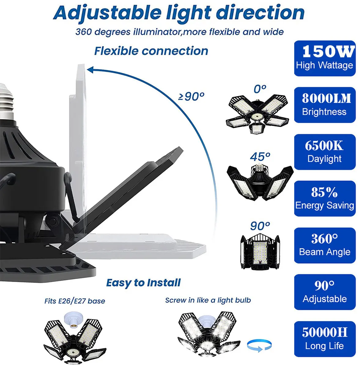 150W Led Garage Light E27/E26 15000LM Lamp Adjustable Deformable Bulb Ceiling Light for Shop/Storage/Warehouse Workshop Lighting