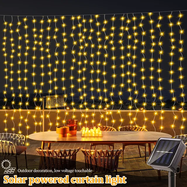 300 LED Solar Courtyard Curtain Lights Outdoor Waterproof Fairy String Lights With 8 Modes for Garden Window Bedroom Wedding 2