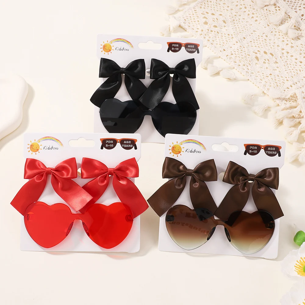 Kids Fresh Hair Accessories Clips Glasses Set for Baby Girl Cheer Bow Ribbon Hairpins Fashion Peaches Sunglasses Hairgripes Gift