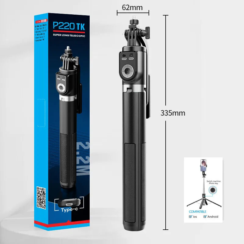 Selfie Stick P220 Wireless Selfie Stick Tripod 2.2m Foldable with Rechargeable Bluetooth Remote GoPro Action Camera Phone Holder
