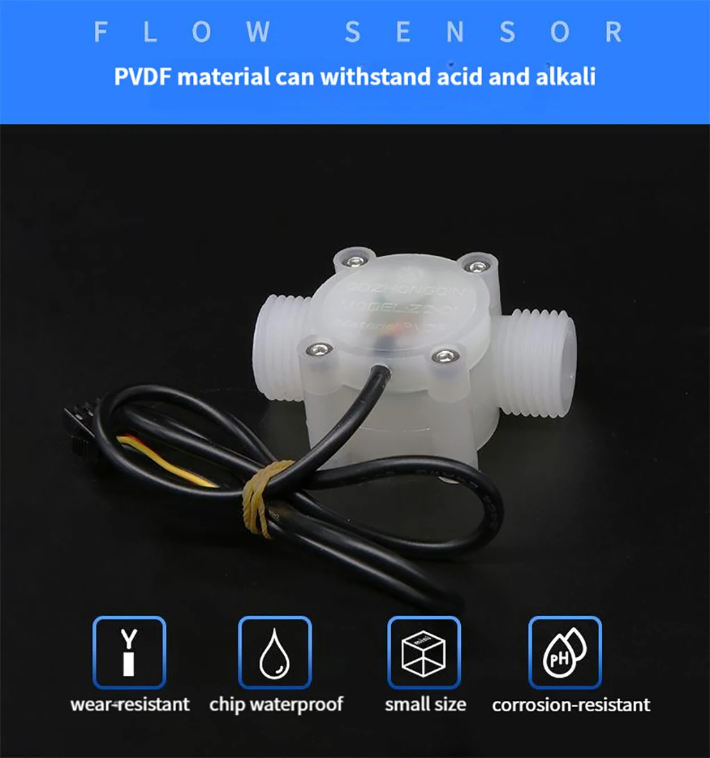 G1/2 Water Flow Sensor PVDF Material Hall Flowmeter Acid and Alkali Resistant Co