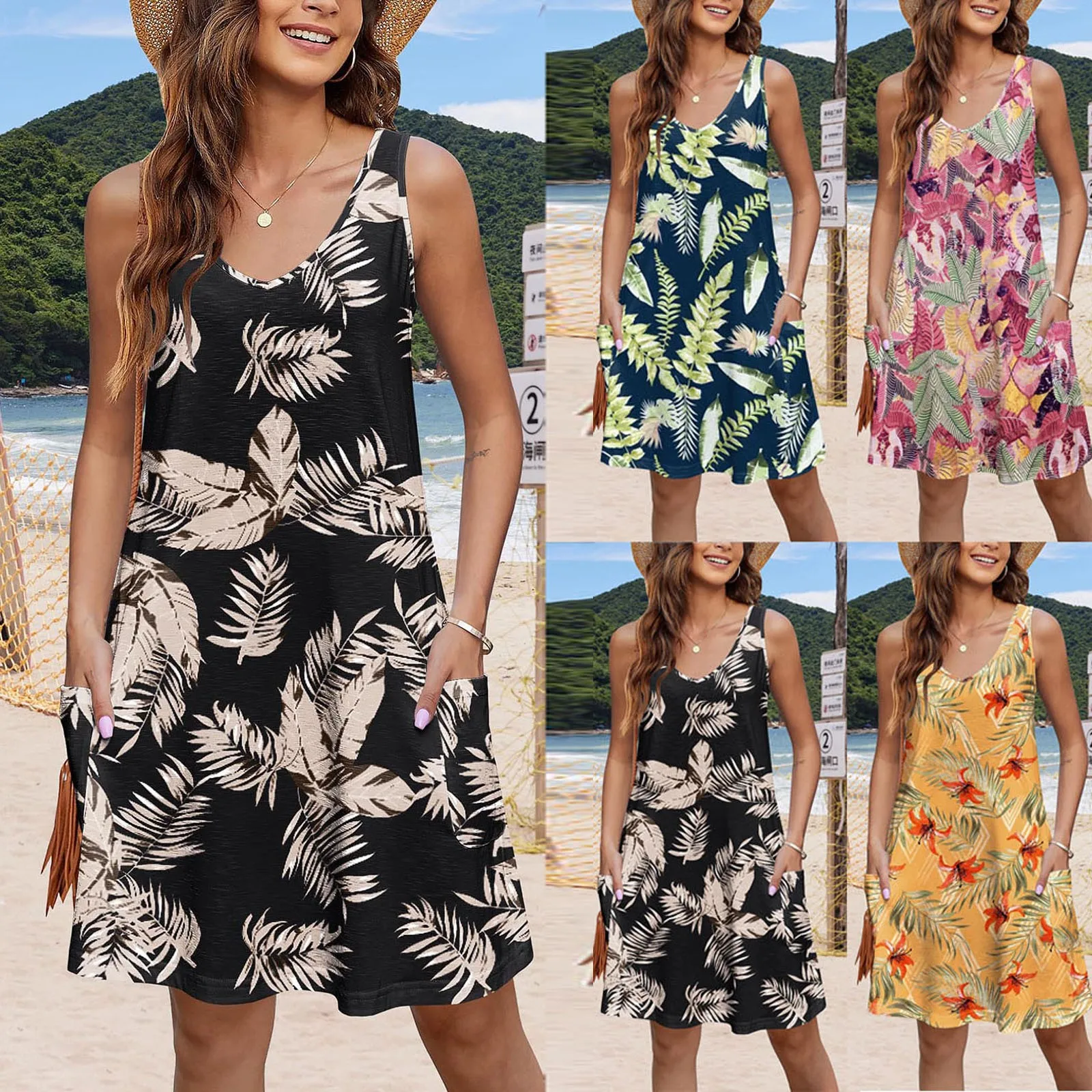 

Ladies 2024 New Hawaii Fashion Beach Resort Sleeveless Dress Summer Bohemian Floral And Leaf Print V-Neck Loose Fitting Dress