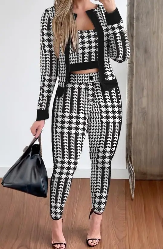 Women's Suit Autumn 2023 Temperament Commuting Pants Set Three Pieces Casual Fashion Play Print Contrast Paneled Coat& Pants Set