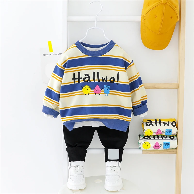 

Baby Girls Boys Clothes Kids Outfits Toddler Infant Stripe T Shirt Pants 2 Pieces Suit Cartoon Children Casual Clothing Sets