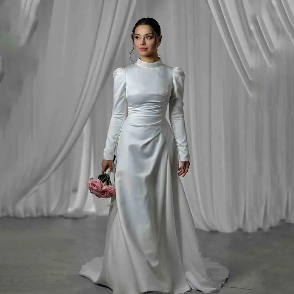 

Modest High Neck Beaded Satin Long Sleeve Wedding Dress for Women Sheath Court Zipper Wedding Bridal Gown robe de mariée