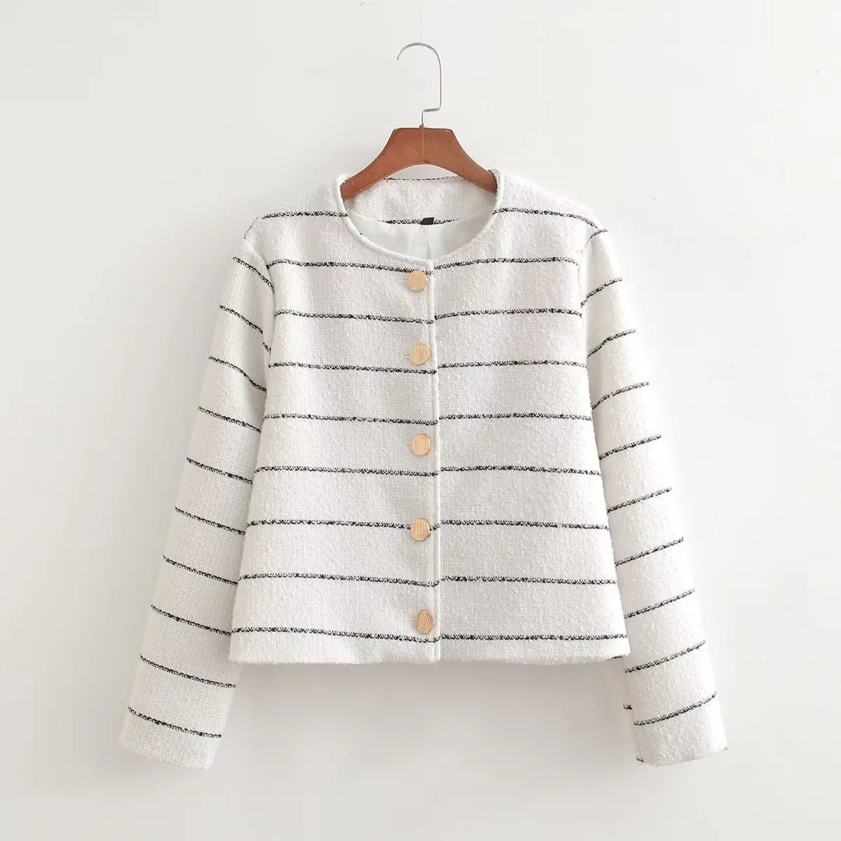 Women Jacket Elegant Office Lady Bussiness High Quality Golden Buttons Pockets Simple Black Stripes Comfortable Soft S-L