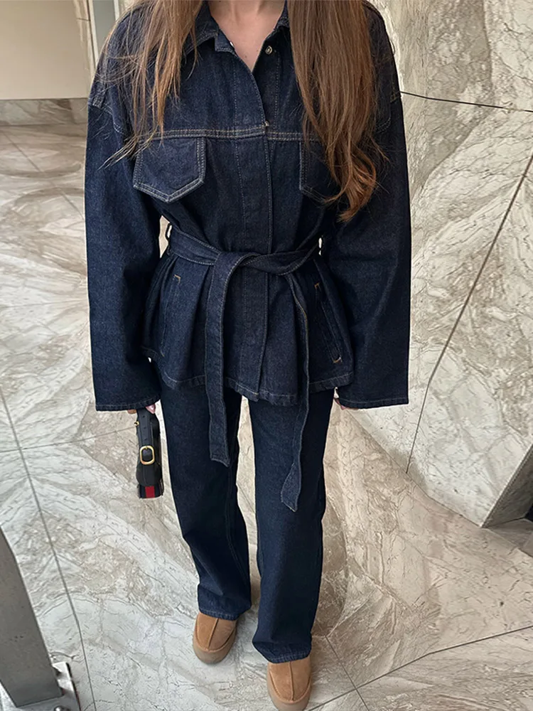 Herlipto Belted Denim Long Jacket Sサイズ Denim Belted Jacket for Women's Lapel Collar Single Breasted