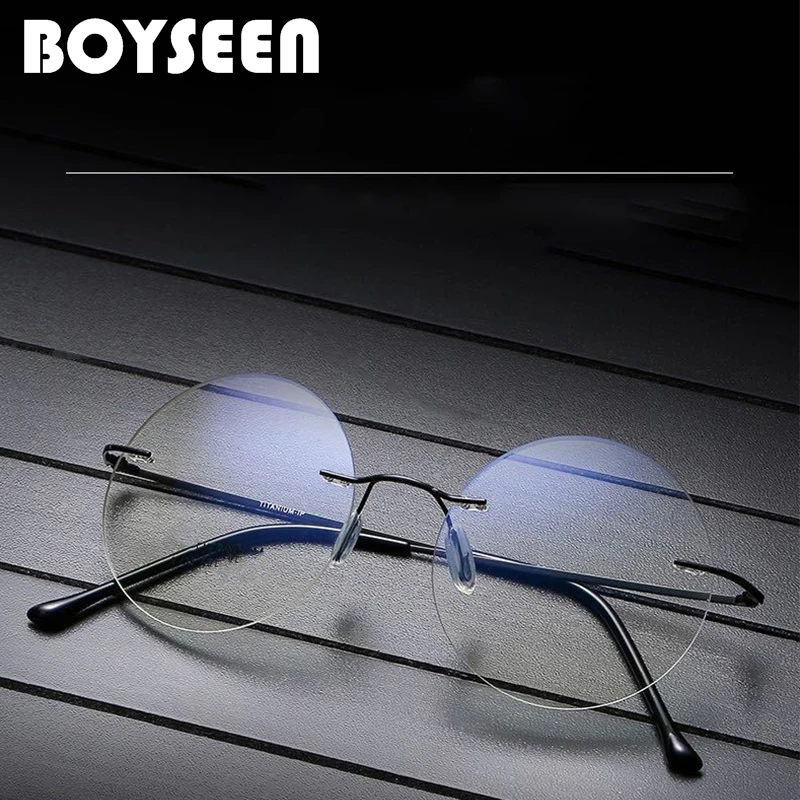 BOYSEEN Rahmenlose runde ultraleichte Lesebrille aus Titan, Anti-Blaulicht, komfortable Business-Hyperopiebrille