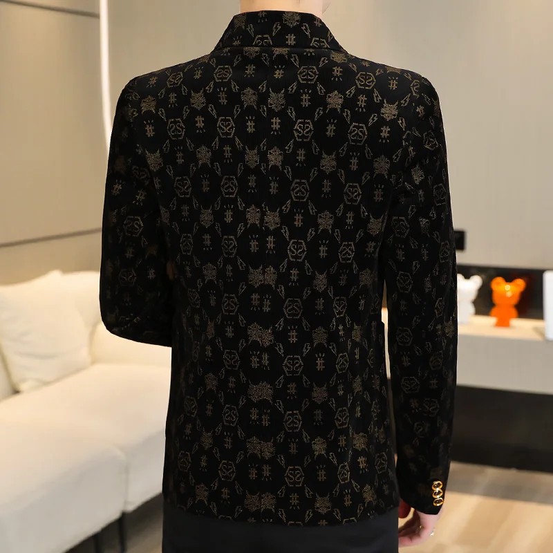 Blazer New Men's Fashion Corduroy Business Gentleman Slim Letter English Style Outdoor Performance Wedding Banquet Casual Blazer 6