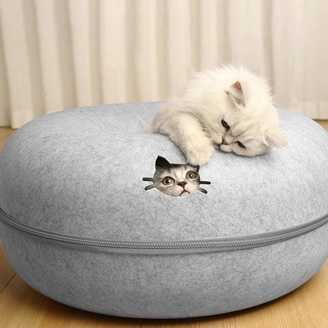 Felt Donut Bed for Cats House With Breather Hole Dog Bed Interactive Play Toys for Cats to Hide 2 in 1 Tunnel for Cats Bed 2