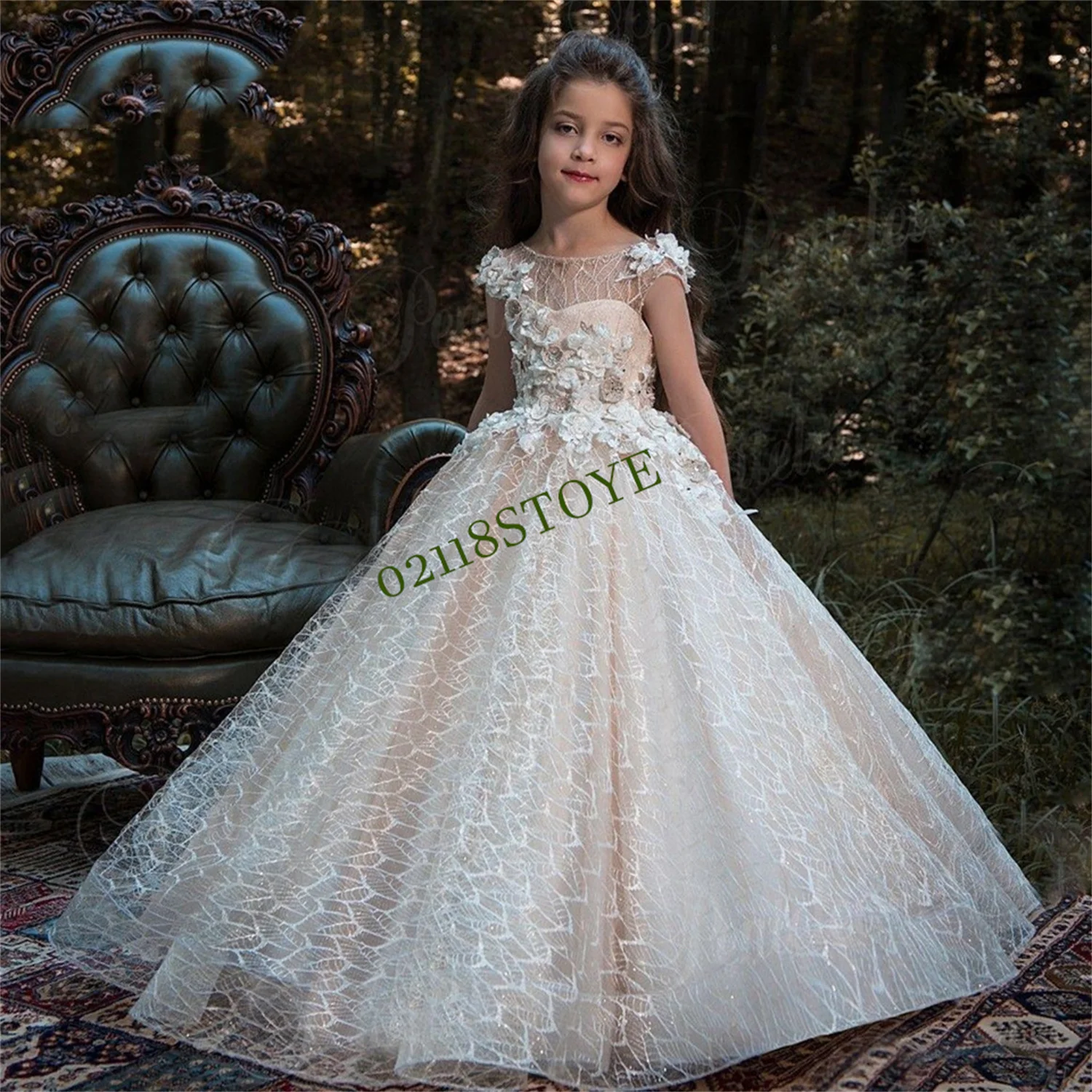 

Baby Girls Party Dress Kids Beading Puff Sleeves Plain Ball Gowns Children Baptism 1st Birthday Flower Girl Dresses for Wedding