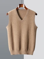 Men Wool V-neck Sweater Vest Pullover Autumn Winter Basic Casual Cashmere 100% Merino Wool Knitted Soft Sleeveless Waistcoat Top 1