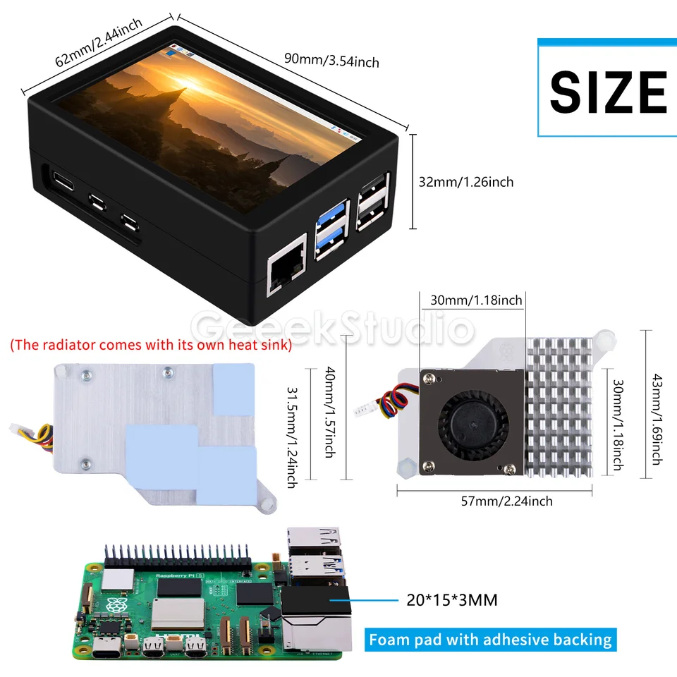 Écran Tactile 3.5 Pouces Pour Raspberry Pi 5 Avec Boîtier ABS Noir Et Ventilation