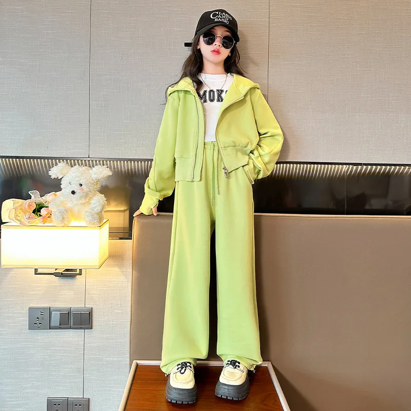 

2023 New Autumn Kids Clothing Baby Girls 2 Pieces Sets Korean Coat Pants Sports Casual Cardigan Solid Color Fashion Loose Zipper