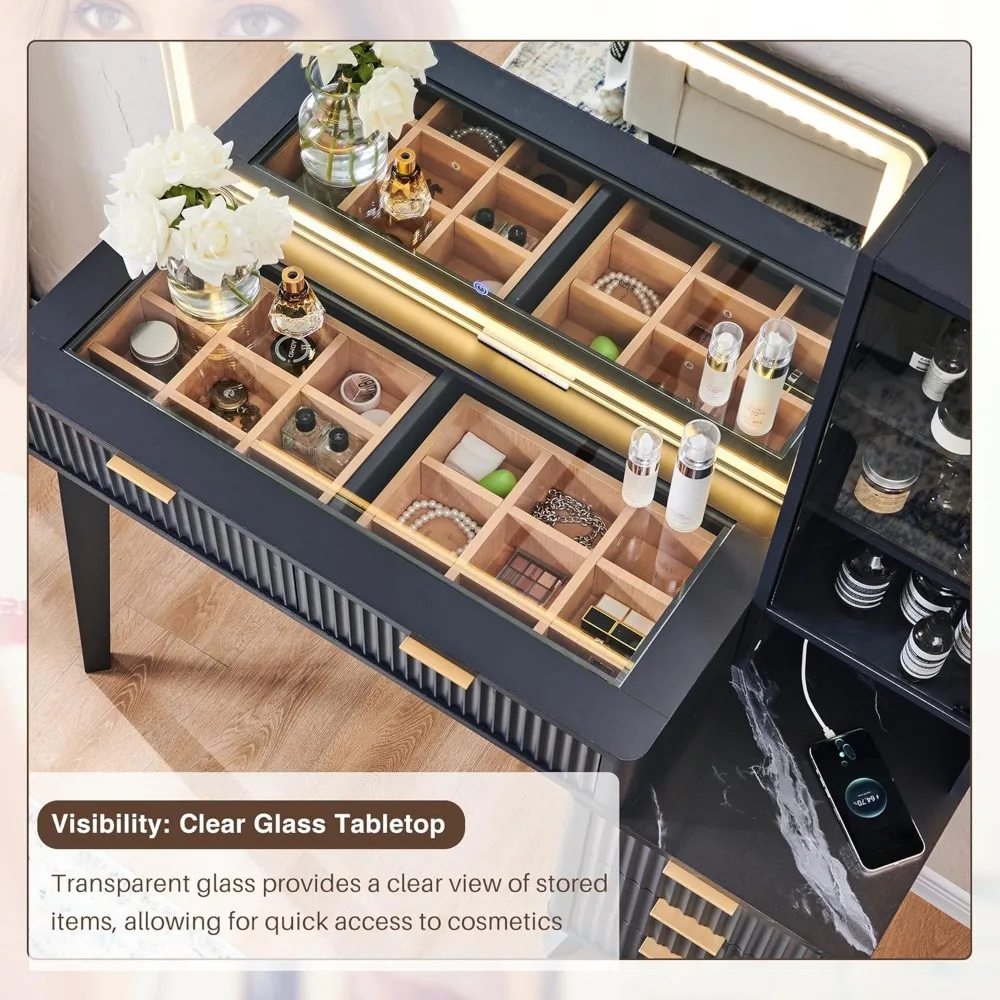 48" Fluted Makeup Vanity Desk with Large 36" Mirror and Lights, Modern Glass Top Big Vanity Table with 5 Drawers & Adjustable 5