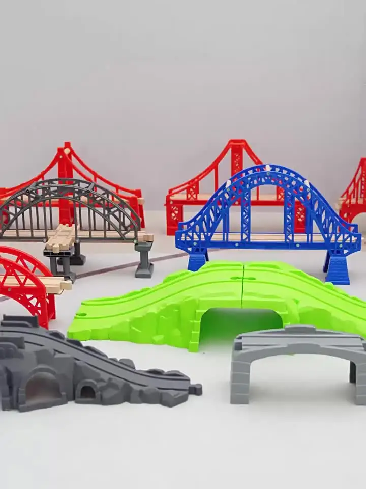 Ponte Ferroviario In Legno A Due Piani, Accessorio Per Binari Treni, Modello Con Tunnel E Traliccio, Per Bambini