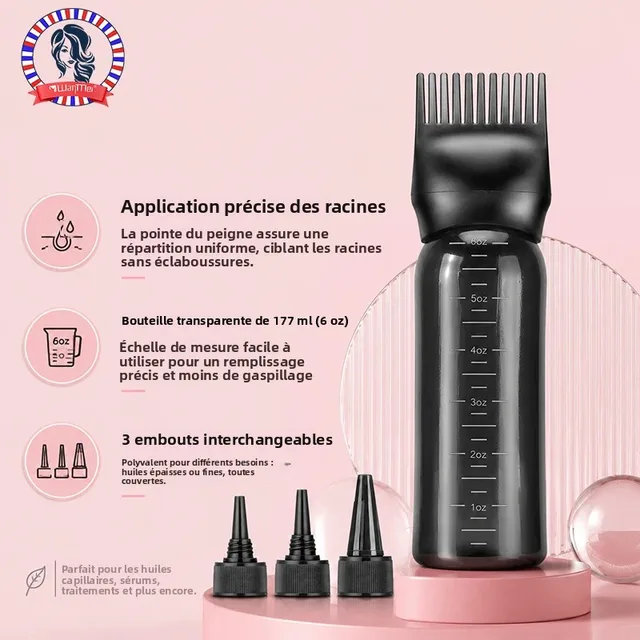 Bouteille d'application d'huile capillaire, avec 3 bouchons buccaux pointus et bouteille de teinture capillaire de 6 onces, peigne à racines, adapté au cuir chevelu (noir et blanc) 1