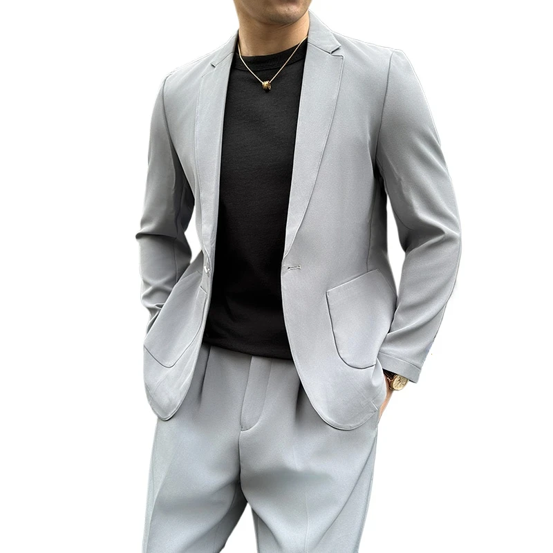 Men Suits (Blazer+ Pants) Men's Fashion Business Gentleman British Style Solid Color Trend Casual Slim Work Groom Best Man Suit