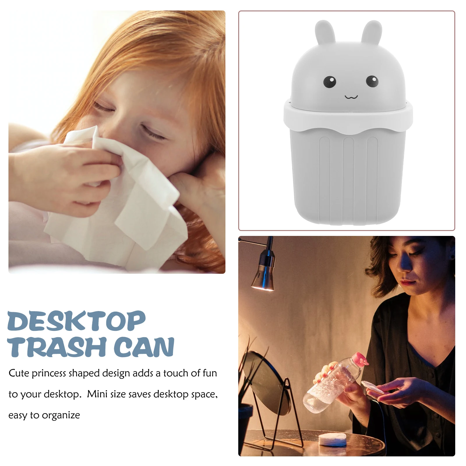 2개입 노란색 토끼 디자인 미니 데스크 휴지통 (뚜껑 포함) 창의적인 데스크탑 쓰레기통 소형 카운터탑 휴지통 (사무실용)