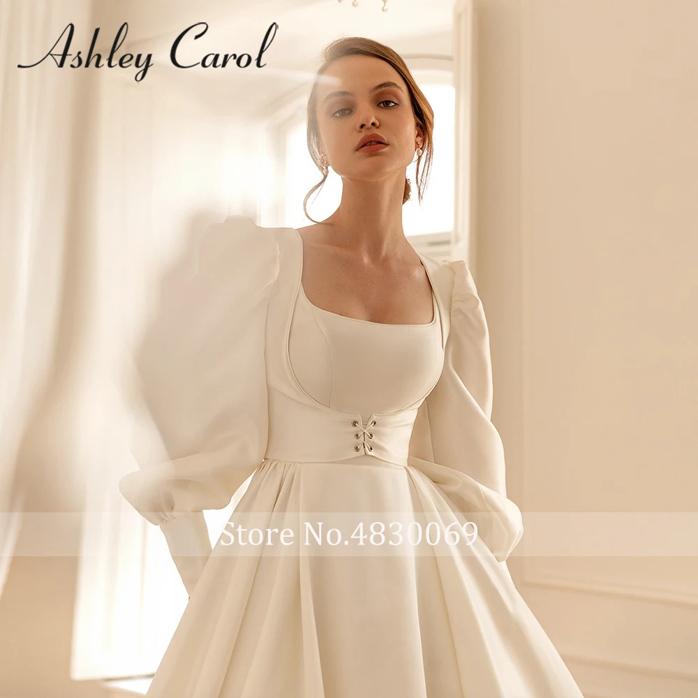 Ashley Carol Satin Wedding Dresses For Woman 2024 Square Collar With Long Sleeve Jacket A-Line Bridal Gown Vestidos De Novia 3