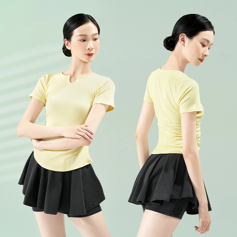 

Women Dance Tops Short Sleeves V-neck Yoga Dance Shirts Girls Ballet Tops Strong Stretch Gymnastics Top Costume Lady Blouse