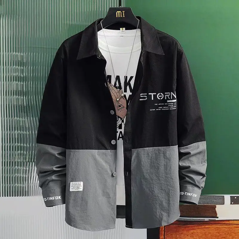 Spring Autumn Japanese Style Casual Fashion Patchwork Long Sleeve Shirt Male Polo-neck Loose All-match Cardigan Top Men Blouse
