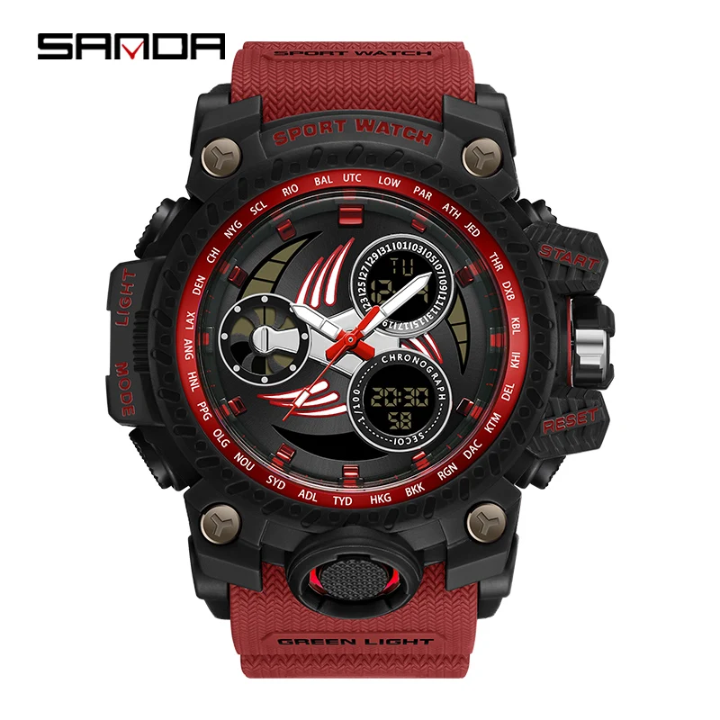 SANDA Sports Watch For Men Digital Dual Display Watch Military Mens Waterproof Stopwatch Alarm Clock Watches Waterproof Luminous digital alarm clock led display