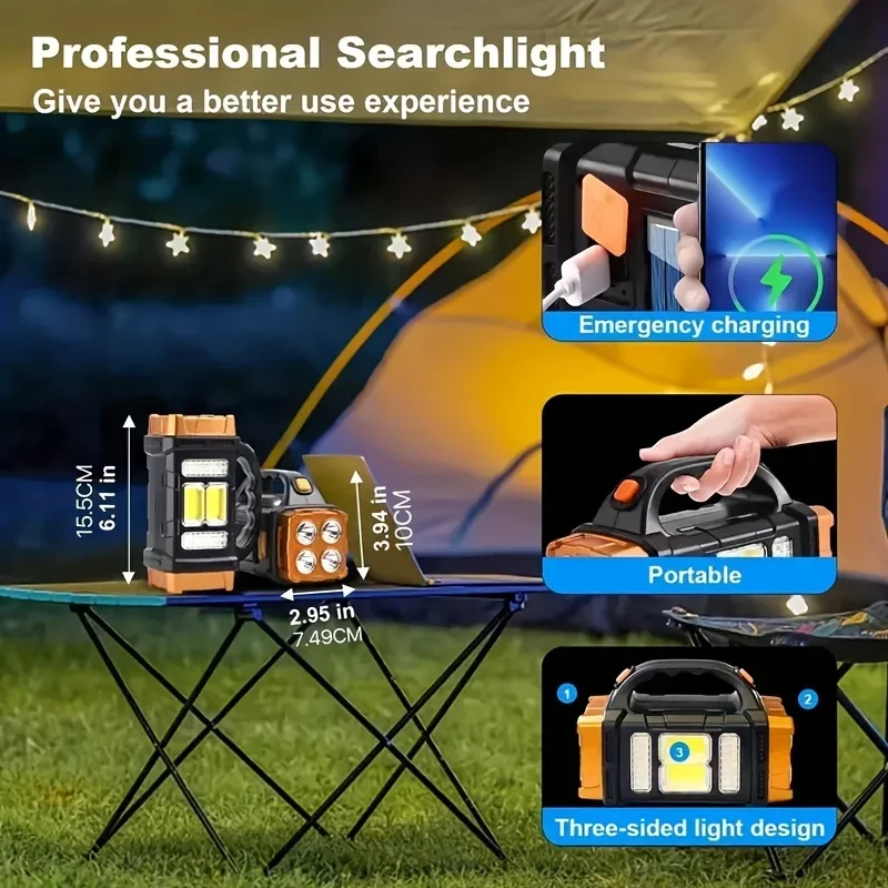 1pc Multi-Mode LED Flashlight Solar USB Rechargeable Water-Resistant Long-Range Beam for Camping Hiking Outdoor Adventures