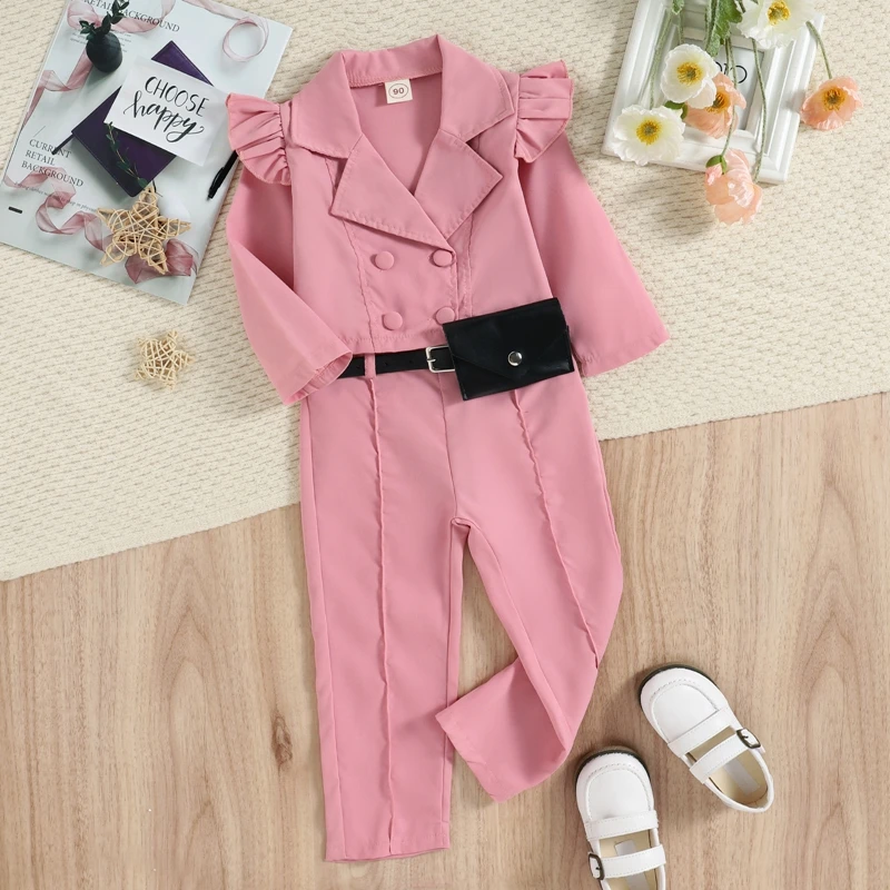 1-6Y Kids Girls Autumn Clothes Set with Belt Bag Baby Ruffle Long Sleeve Lapel Blazer Outwear + Long Pants 3Pcs Children Outfits kids clothing set,girls clothing set