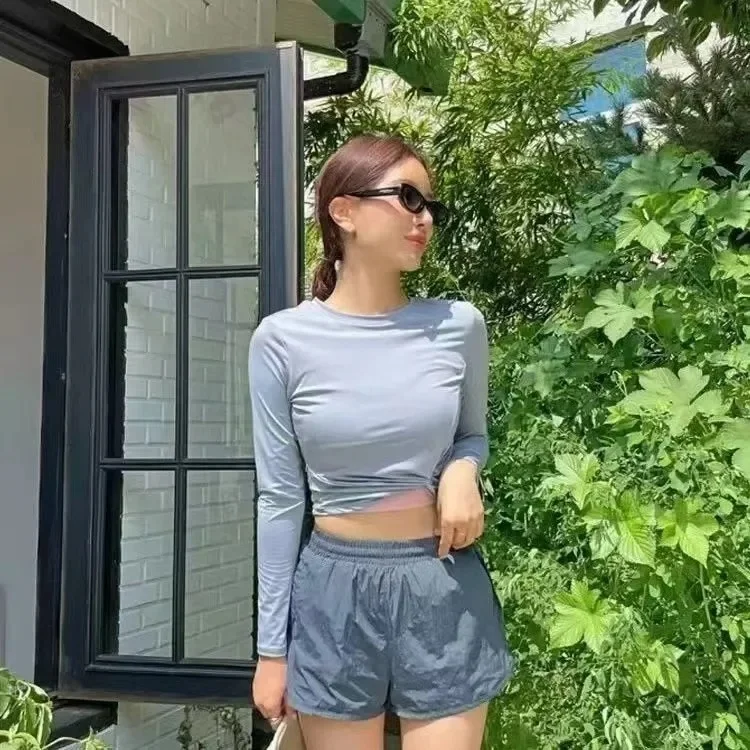 Hot Sale Of The Season New Women's Swimsuit Sporty Long Sleeve UV Protection Holiday Style Two-Piece Korean Summer Pure Color Sw