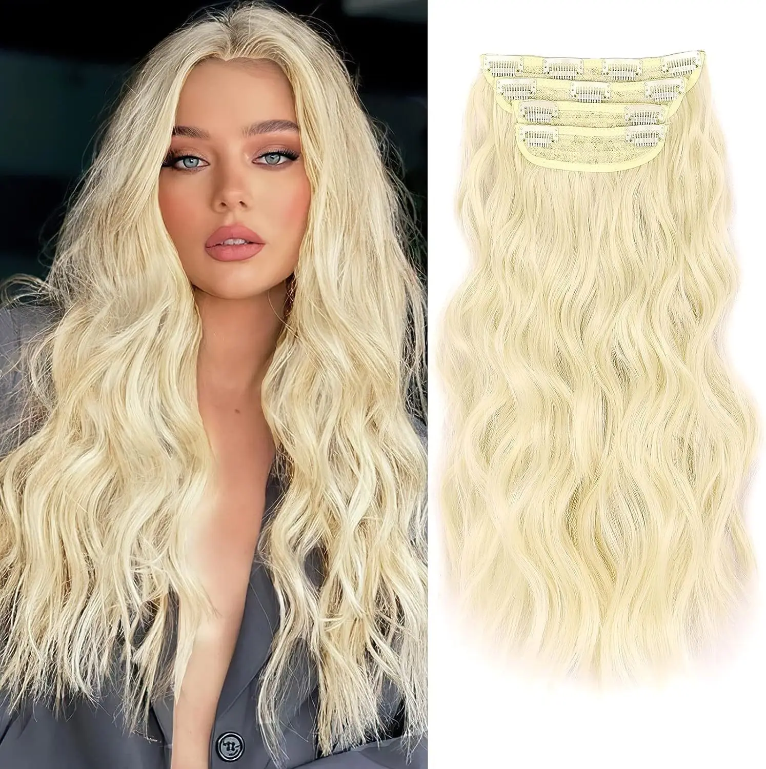 4PCS Clips in Hair Extensions 11Clips 180g Thick Hair Honey Blonde Mixed Light Brown 20 Inch Long Wavy Synthetic Hair Extensions