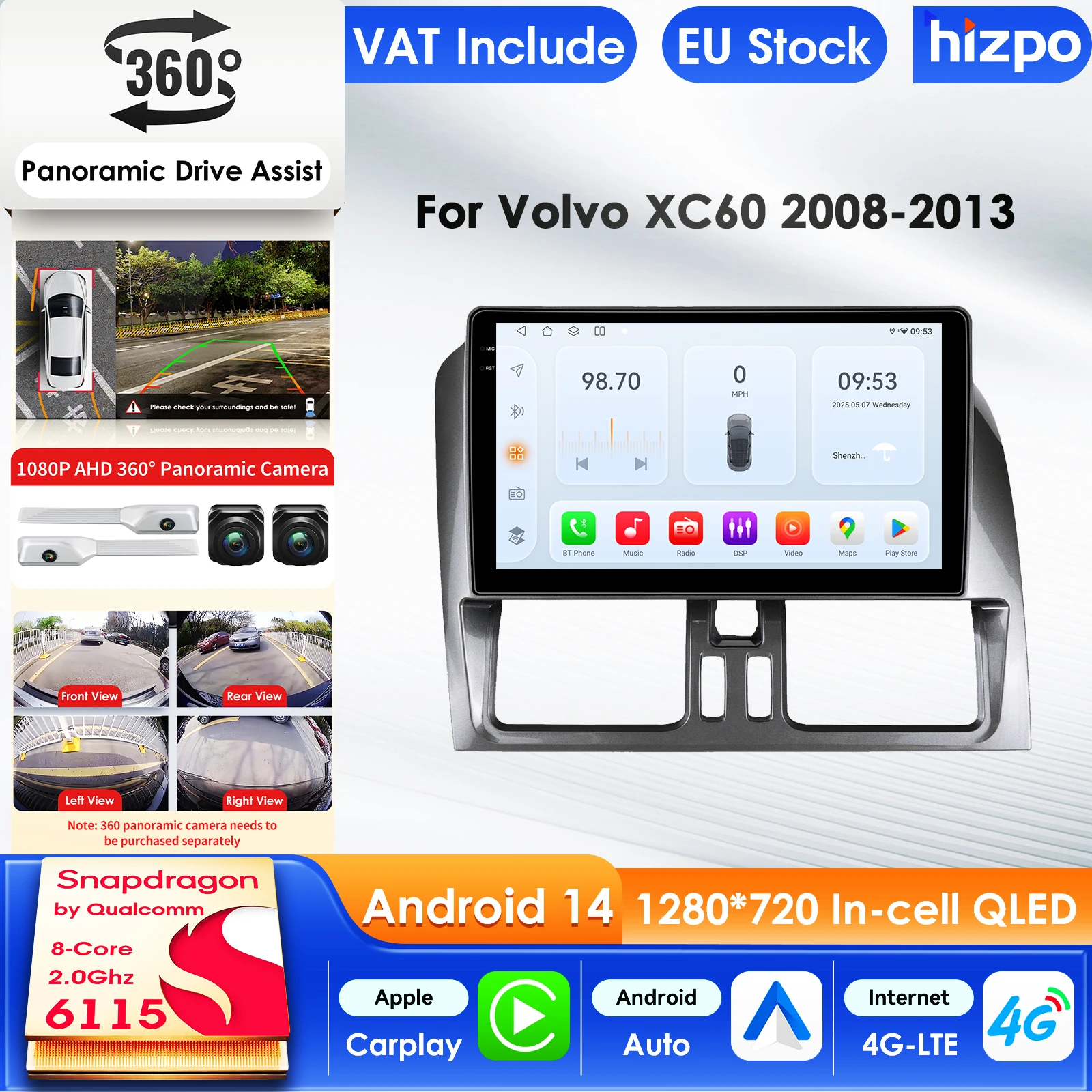 Reproductor Multimedia para Auto Hizpo 2Din Android 15 para Volvo XC60 2008-2017, GPS, Carplay, 4G, Pantalla Inteligente con IA, Autoradio, Cámara 360, Pantalla Inteligente para Auto de 9 Pulgadas, Pantalla QLED, Unidad Principal Automotriz, Navegación, 5G, WIFI, DSP, Split, ADAS, USB, DVR, SWC, FM, AM, RDS, Cámara 1