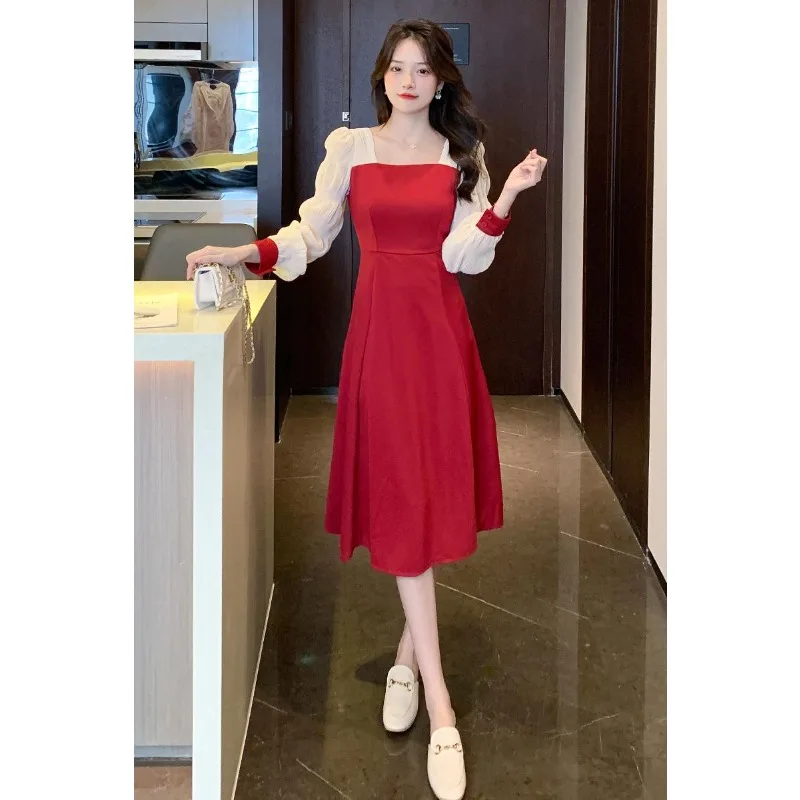 

Women Long Sleeve Evening High Quality Dress 2023 Casual Long Party Slim Dresses Autumn Winter Vintage Red Ladies Office Dress