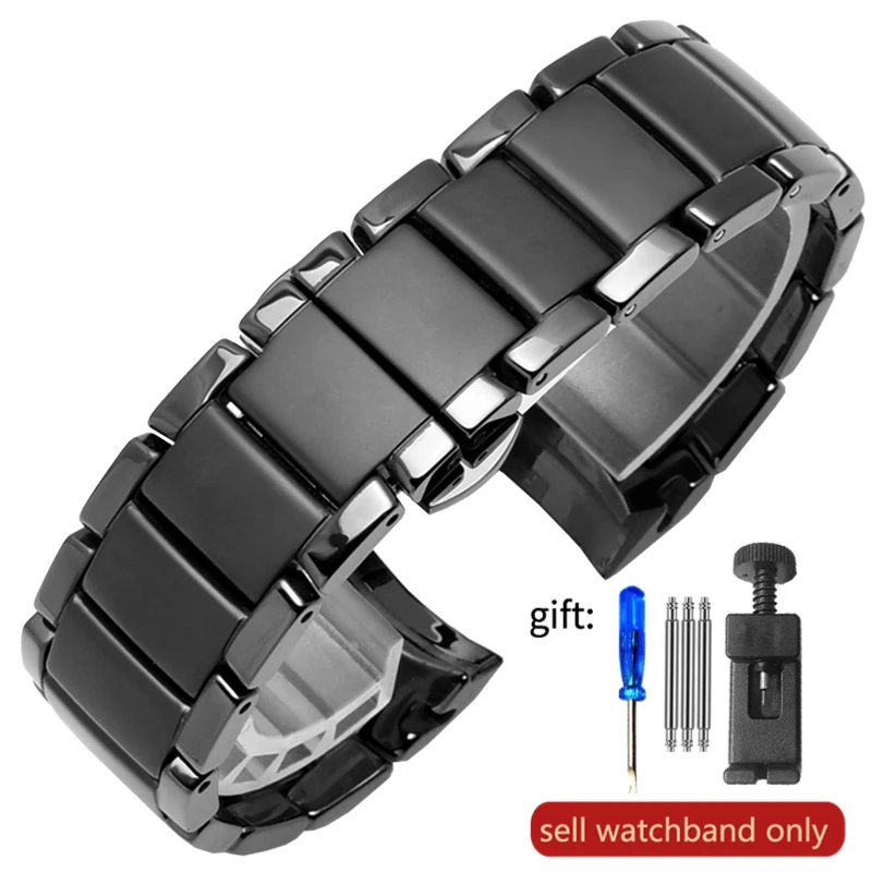Ceramic Black Watch Band Bracelet - Unisex, 22-24mm Strap