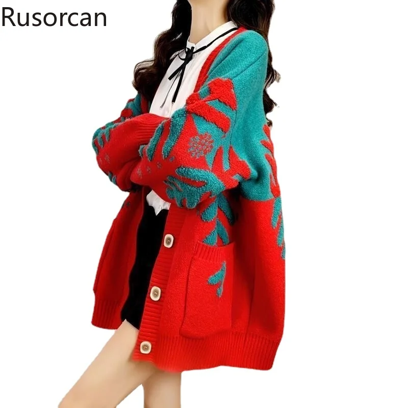 

Cute Snowflake Sweater Coat Korean Version Loose and Lazy Student Versatile Design Feel Knitted Cardigan Autumn/Winter Red Top