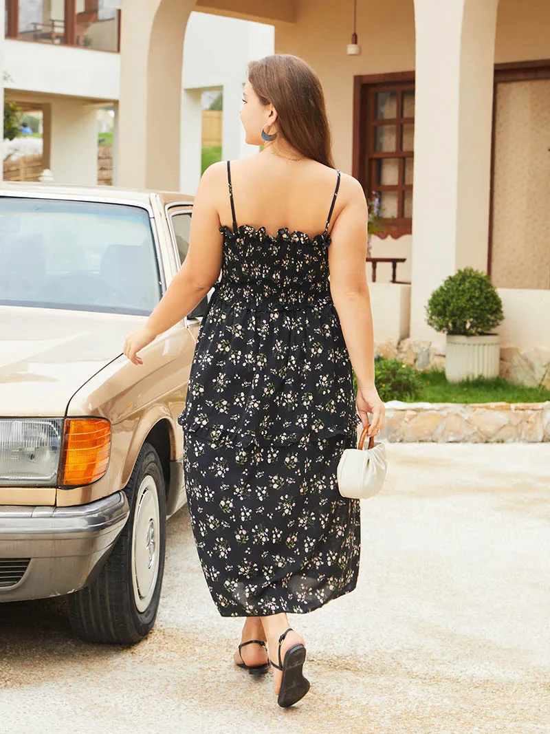 Sleeveless Black Floral Chiffon Long Big Size Dress Women Side Slit Sexy Plus Size Maxi Dresses For Women Summer 2023