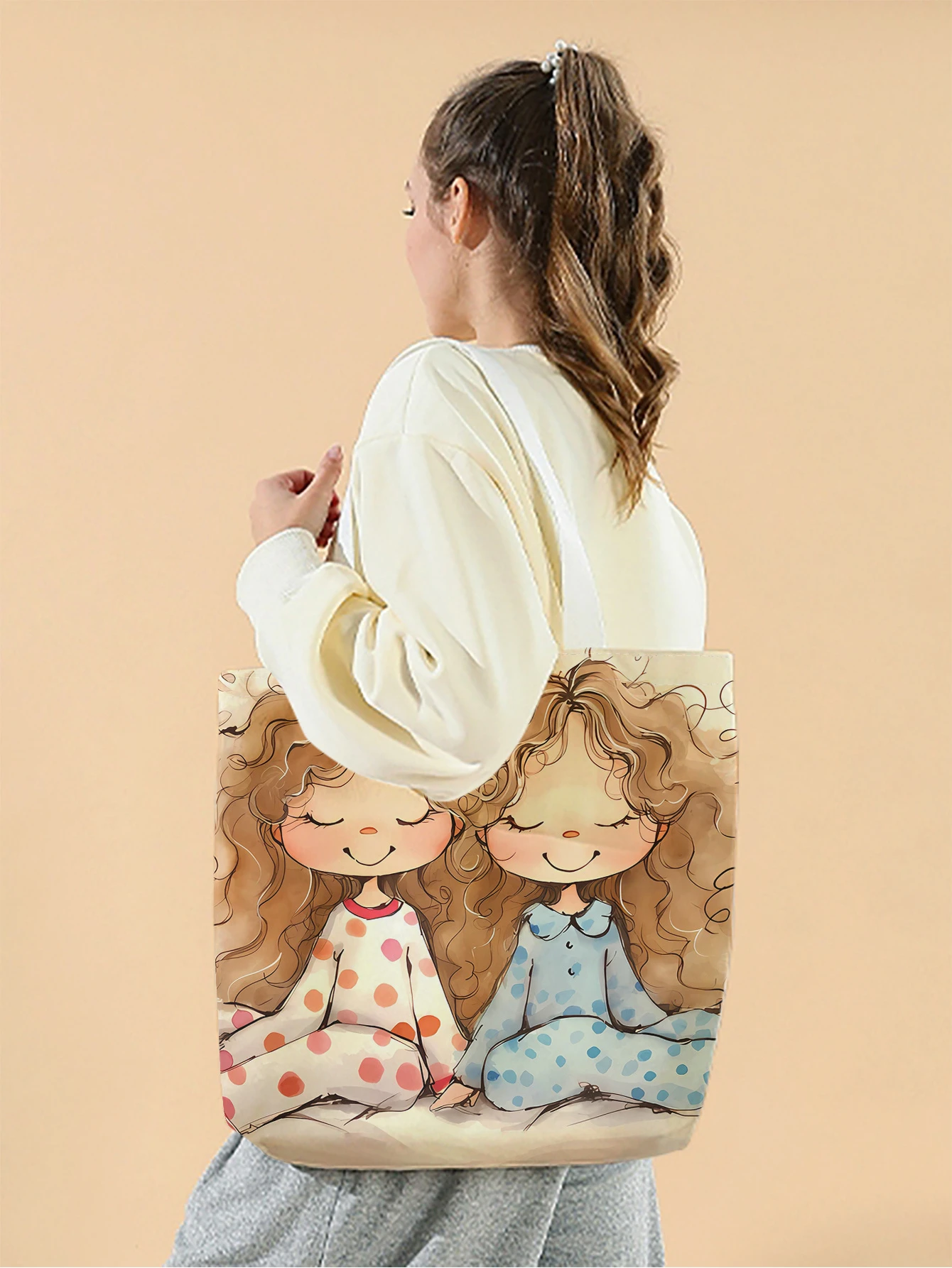 1pc,cartoon girl pattern handbag, reusable fashionable handbag, multifunctional handbag, printed canvas shopping bag