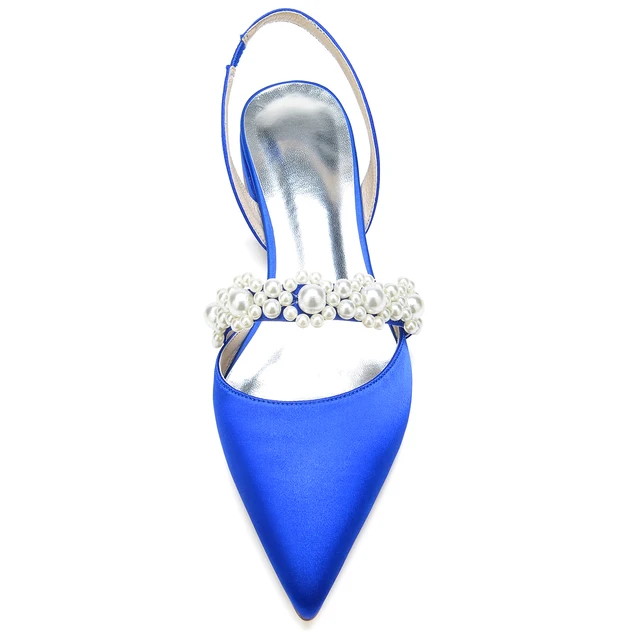 Slingback Lady Pointed toe Satin Evening Dress Flats with Pearls Strap Elegant Bridal Wedding Party Cocktail Shoes Short Heels 2