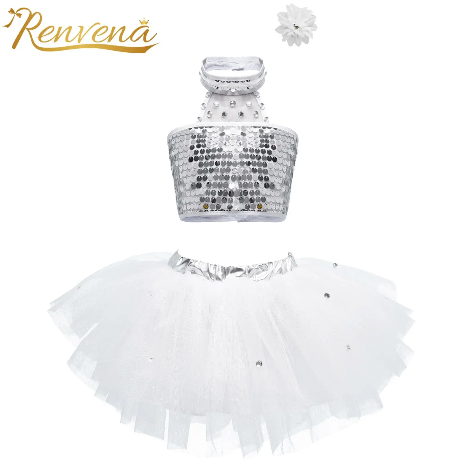 

Children Jazz Dance Costume Outfits Shiny Sequins Tutu Ballet Dress Kids Girls Sleeveless Halter Neck Crop Top with Mesh Skirt