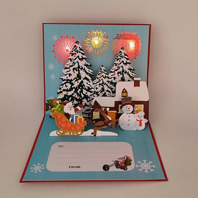 New 1pc Christmas Blessings Fireworks Music Lights Father Christmas Fireplace 3D Greeting Card Paper Sculpture New Year Card
