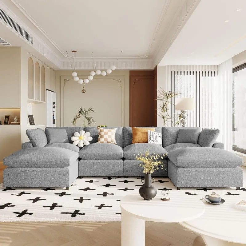 

Oversized Modular Sectional Sofa, 134.4" U Shaped Couch with Movable Ottoman, Large 6 Seater Corner Sofa for Living Room