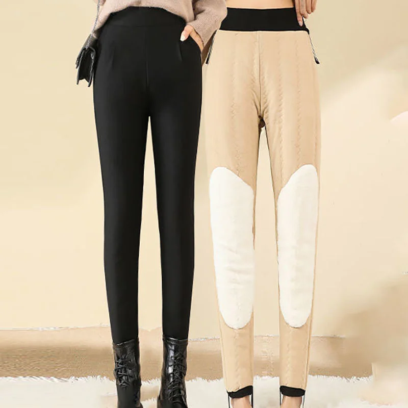 

2023 Autumn Winter Camel Fleece Cotton Trousers Women L-5XL Plush Thicken Warm Pants Fashion High Waist Knee Pad Female Pants