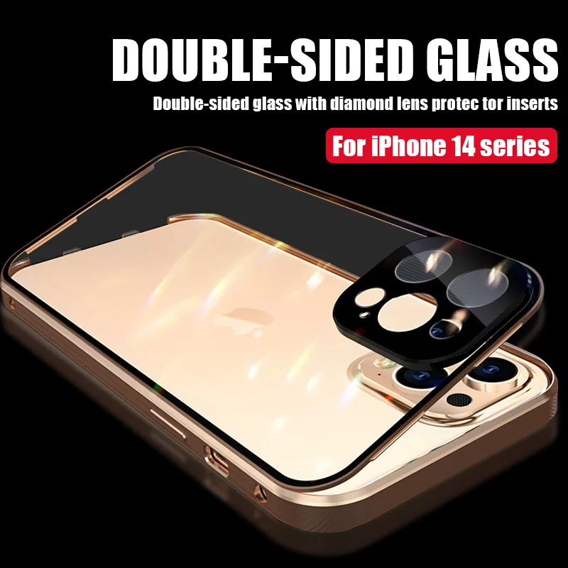 Custodia in vetro bifacciale a protezione completa a 360° per iPhone 14 13 12 Pro Max Fibbia scorrevole Paraurti in metallo in lega di alluminio_voghion.com